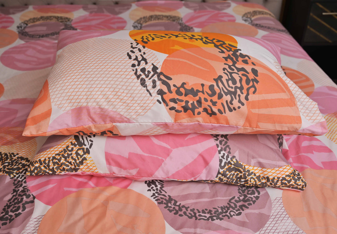 Decorative pillow with leopard print on a colorful patterned fabric background