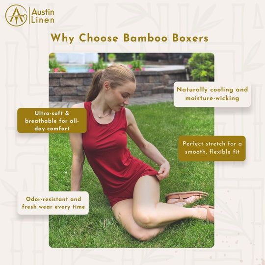 Woman in red dress sitting on grass with promotional text about bamboo boxers.